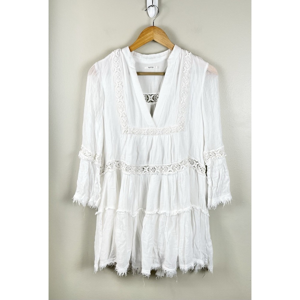Tularosa Oversized Mini Dress Gauzy‎ Beach Boho White Crochet Long Sleeve XXS